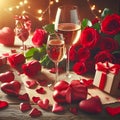 Valentines day background with red roses, gift box and two glasses of champagne Royalty Free Stock Photo